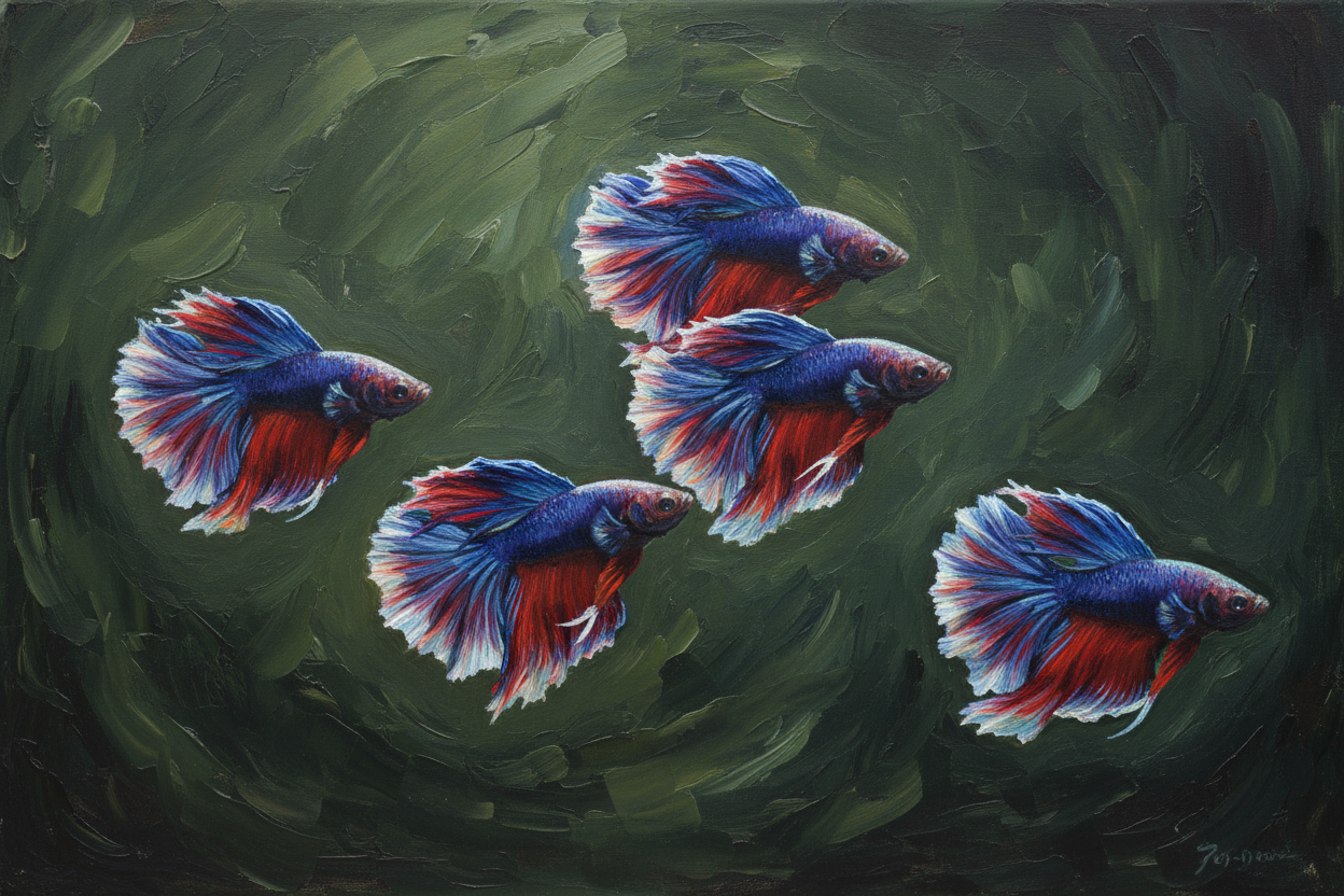 can you generate an oil painting with a background of dark muddy green of bettas